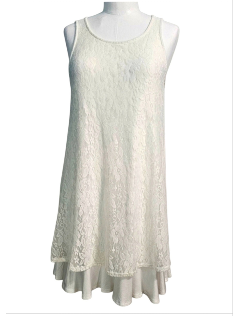 Honeyme USA White Rayon Sleeveless Floral Lace Overlay Cottagecore Dress Sz M